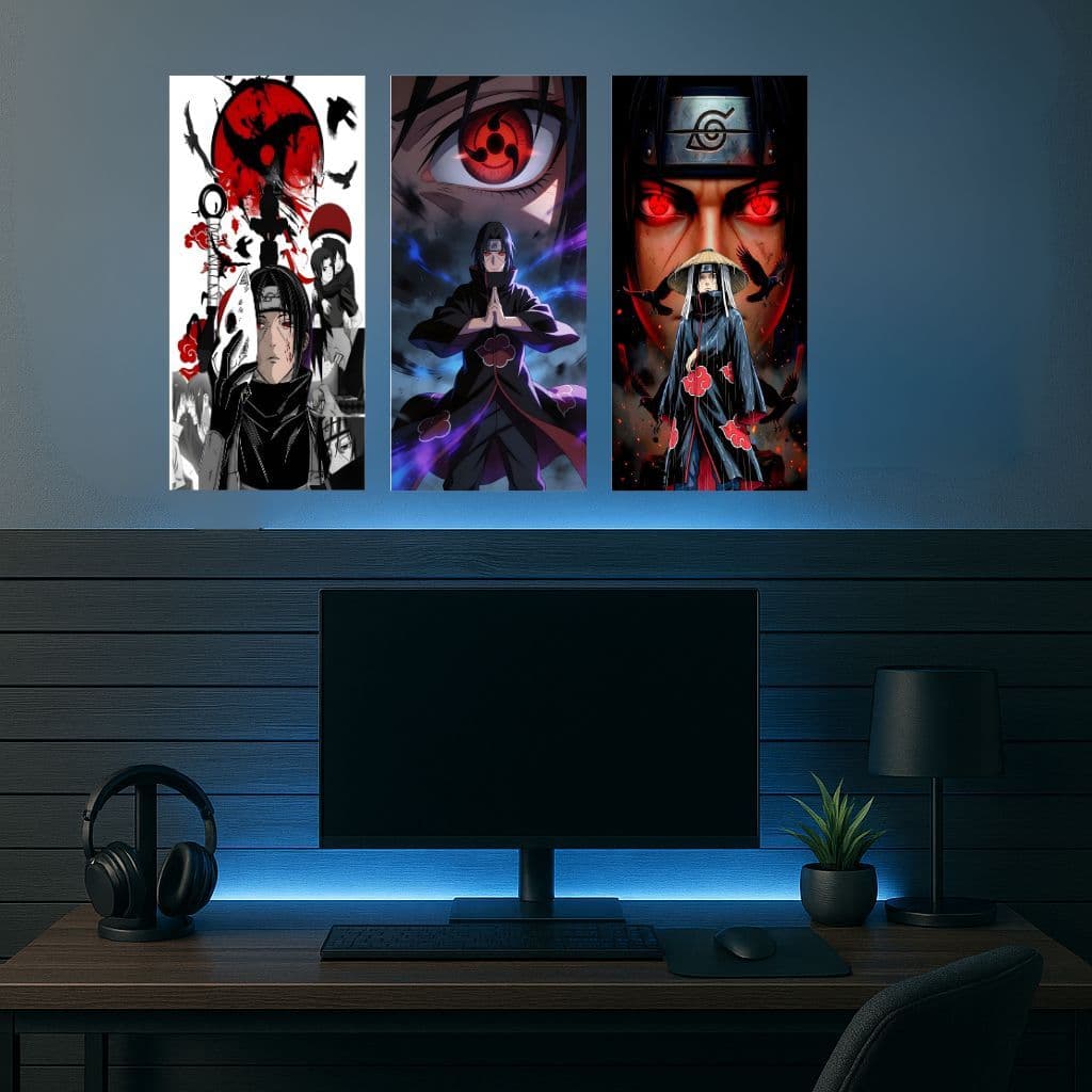 Kit 3 Quadros Decorativos  Itachi Dark Uchiha Akatsuki Anime Naruto em mdf 45x20cm