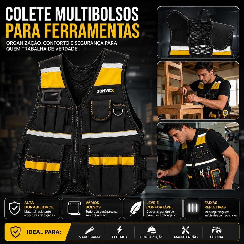 Colete Porta Ferramentas Refletivo 360° Nylon Resistente Antiderrapante Segurança para Trabalho Profissional