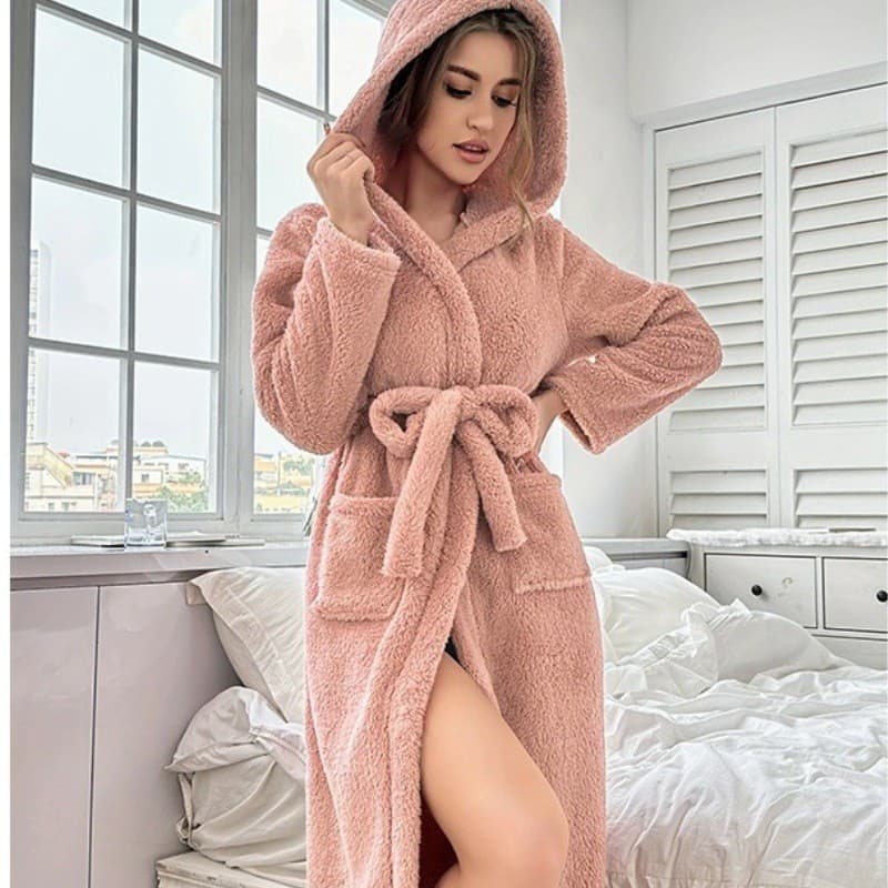 Roupão de Banho Casual Feminino em Fleece Coral com Capuz, Bolsos e Cinto X4B7 EFMB