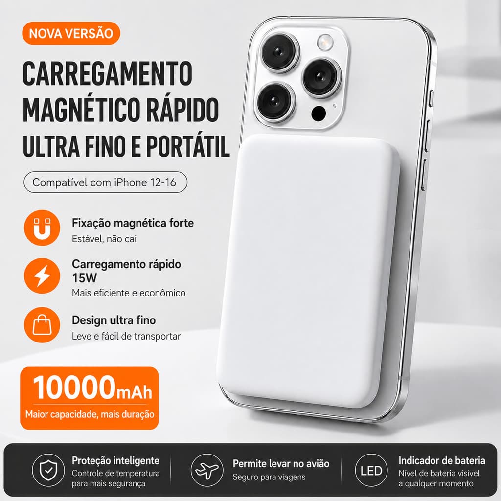 Power Bank Magnético 10000mAh Carregamento Rápido 15W Ultra Fino Portátil Compatível iPhone 12 ao 17