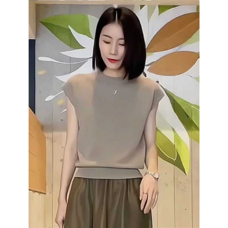 Camiseta de manga curta de seda gelo feminina topo 2025 Casual verão moda luz temperamento maduro Commuter malhas estilo