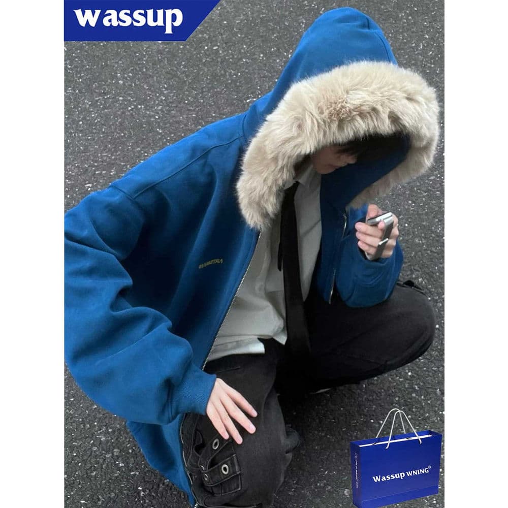 WASSUP High Street Gola de Pele Azul Moletom Com Capuz Homens Mulheres Estilo Outono Inverno Forro de Lã Cardigan Solto