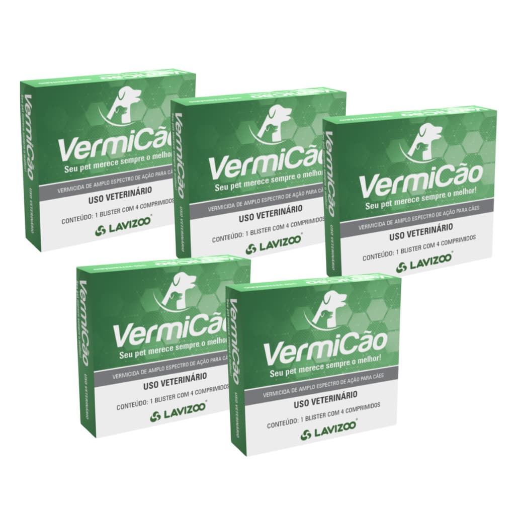 Kit 05 Caixas Vermífugo para Cachorro Vermicão Lavizoo 4cp