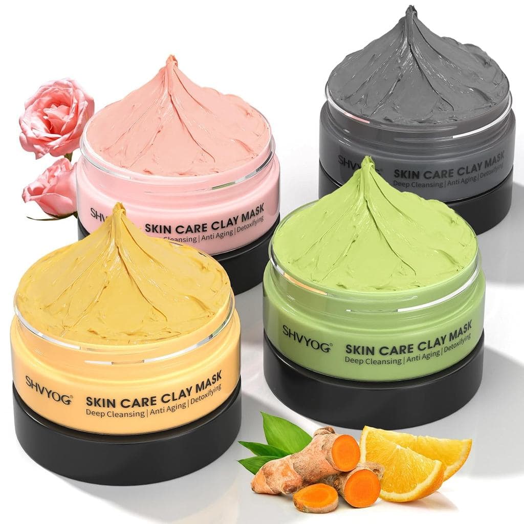 Conjunto de 4 Máscaras Faciais SHVYOG - Máscara de Argila com Cúrcuma, Vitamina C, Chá Verde, Rosa, Máscara de Lama do M