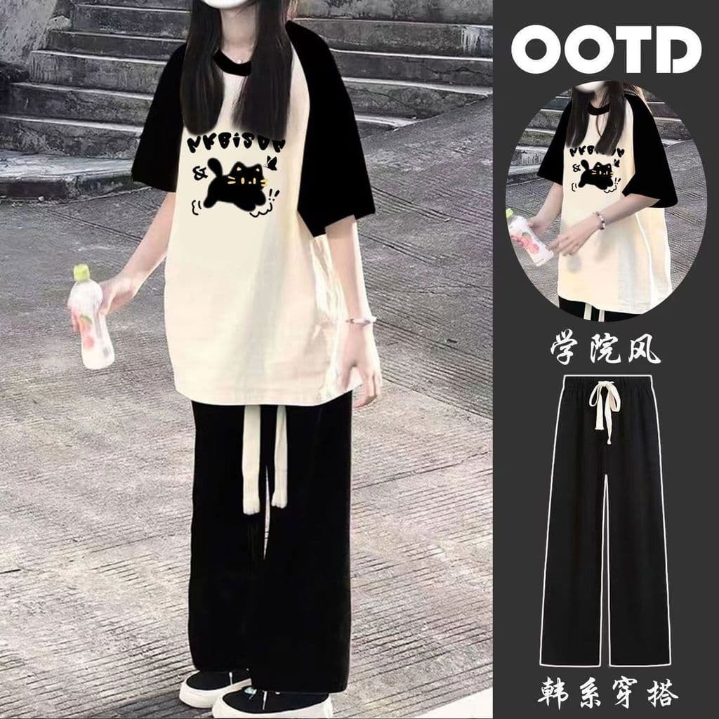 Único/terno verão feminino confortável solto impresso de manga curta Casual calças de perna larga estilo suave usar tern