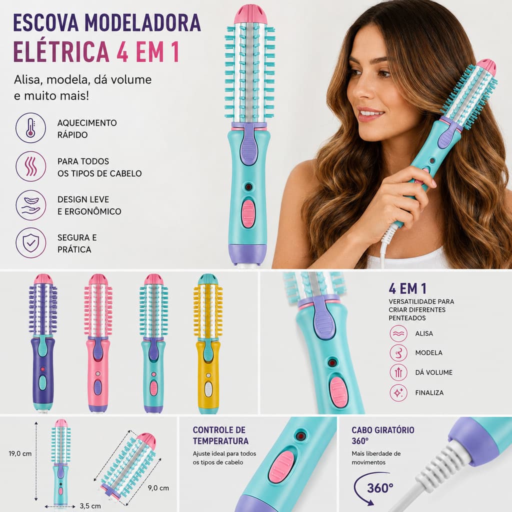 Mini Escova Enrola Cabelo Chapinha Alisadora 2 Em 1 Cores