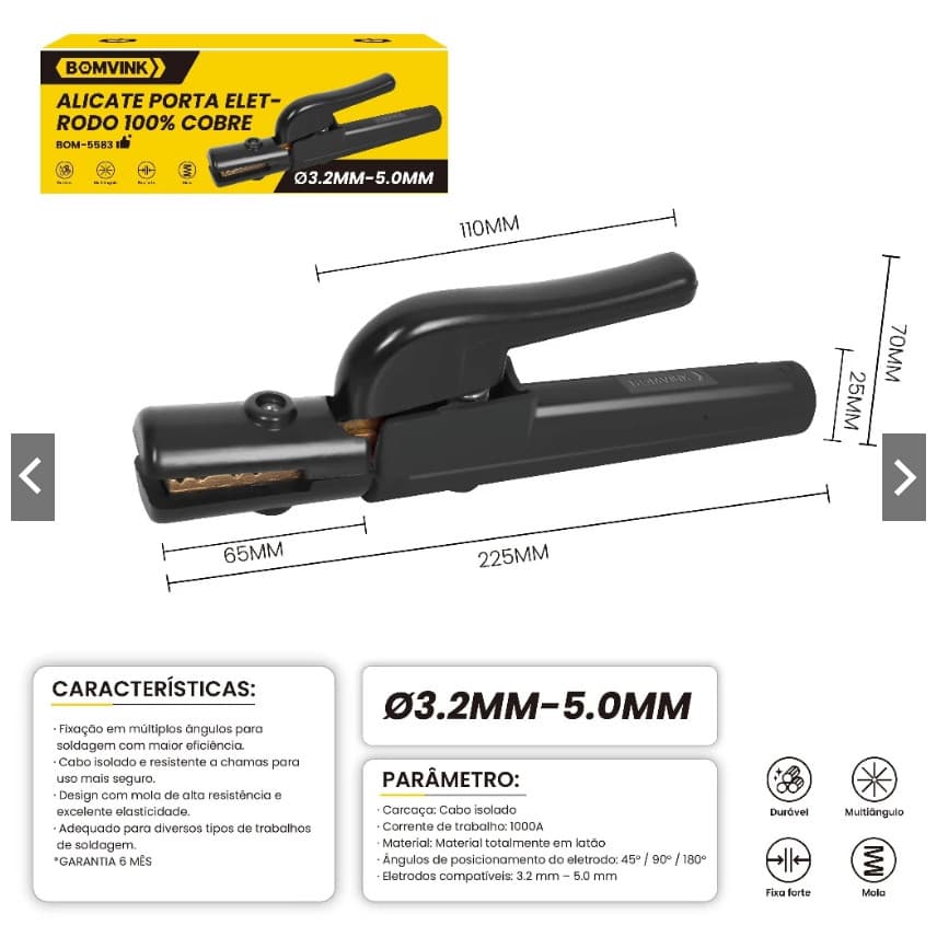 Alicate Porta Eletrodo BOMVINK 400A/1000A para Solda 2 a 5mm