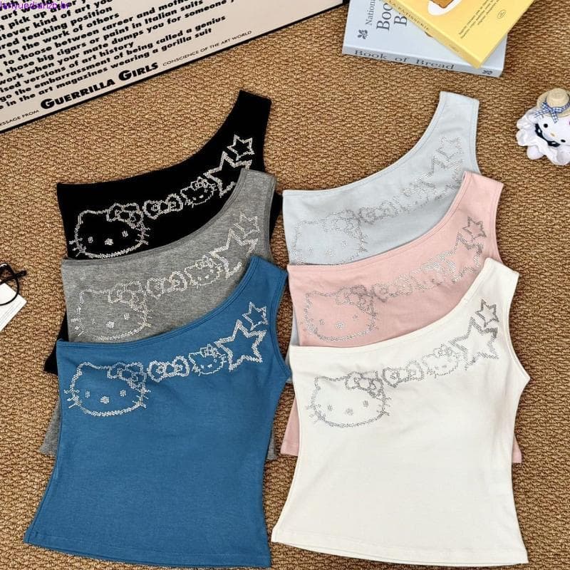 Colete de diamante quente doce estilo picante feminino americano quente menina gato diamante quente ombro inclinado cole