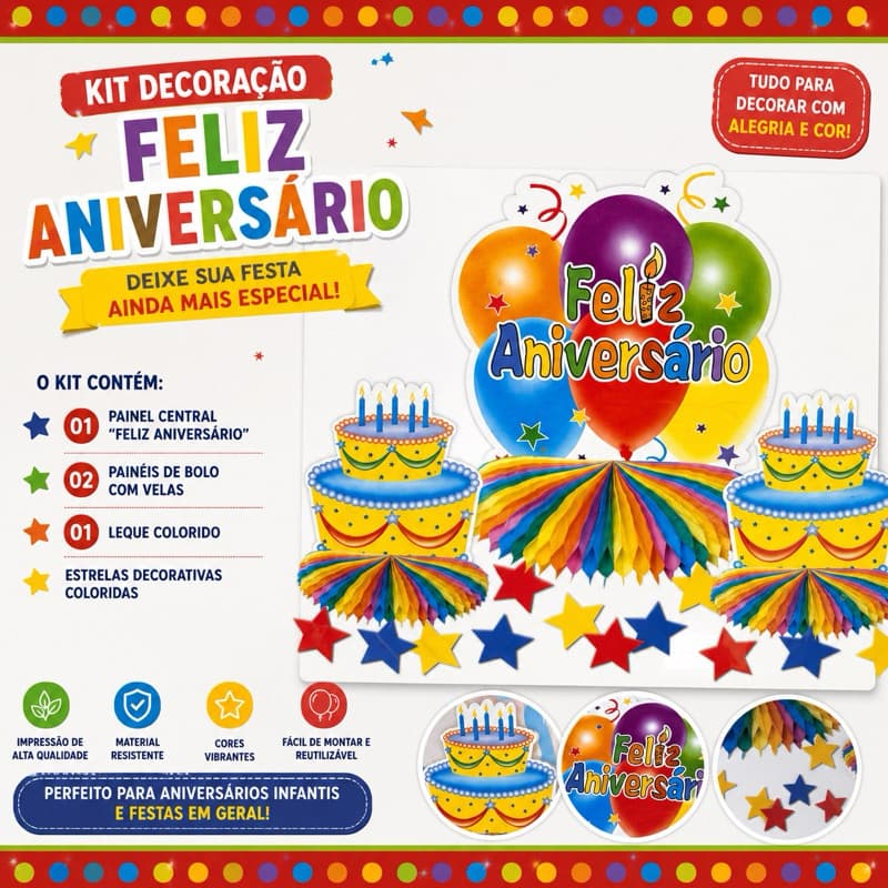 Kit Decoração Feliz Aniversário Colorido Painel Festa Infantil Enfeite Mesa Completo topo bolo
