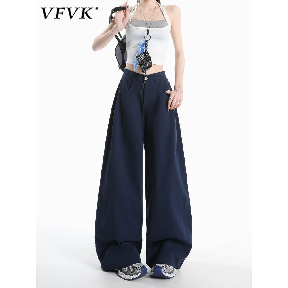 Vfvk azul marinho foice Jeans feminino pequenas calças retas 2026 novo estilo calças soltas Drape calças de perna larga