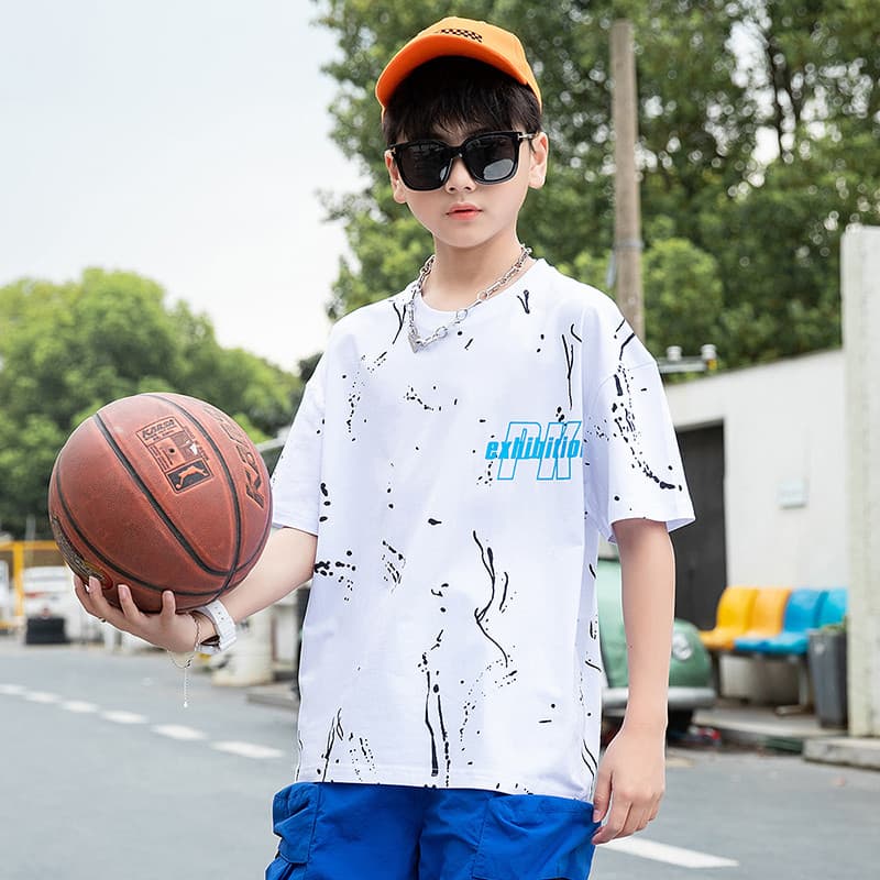 GILE Camiseta de manga curta para meninos, camiseta de algodão puro, versão solta, camiseta infantil grande de verão