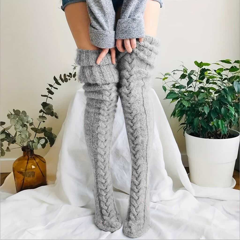 Meias Femininas de Lã Grossa - Meias Extra Longas até a Coxa, Antiderrapantes, de Inverno, Caneladas, Quentes e Confortá
