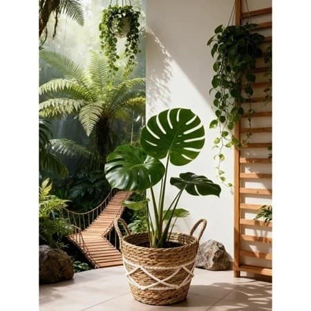 Cesta de palha decorativa para vaso de planta com alça para sala e varanda