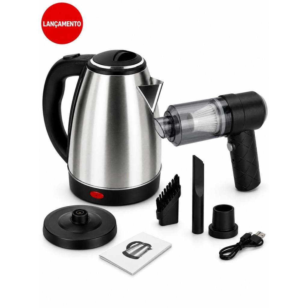 Kit Casa e Cozinha Chaleira Elétrica Inox 2L + Aspirador Portátil Recarregável