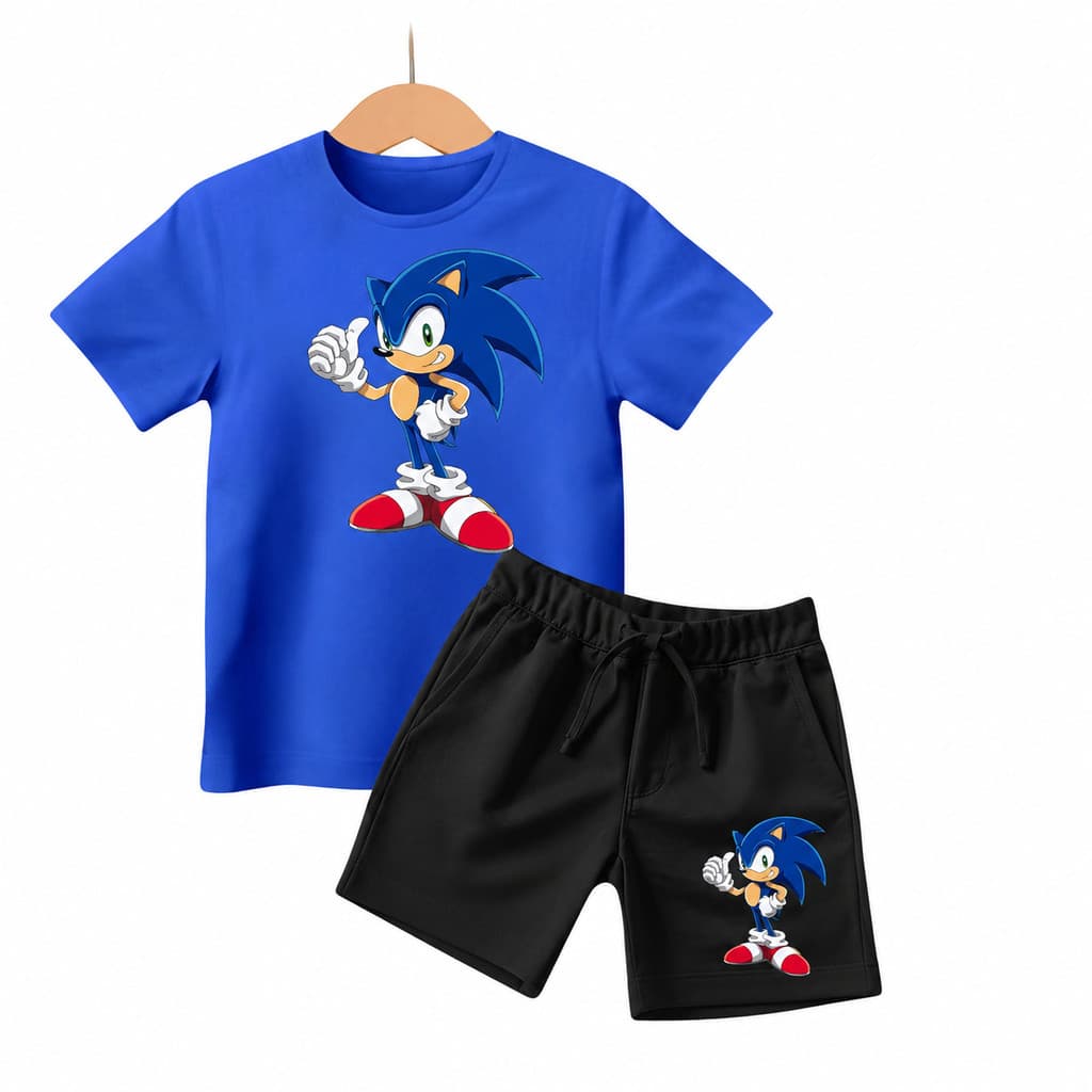 Conjunto Infantil Camiseta + Short Moletinho DTF Sonic Camisa Algodão Fio 30.1