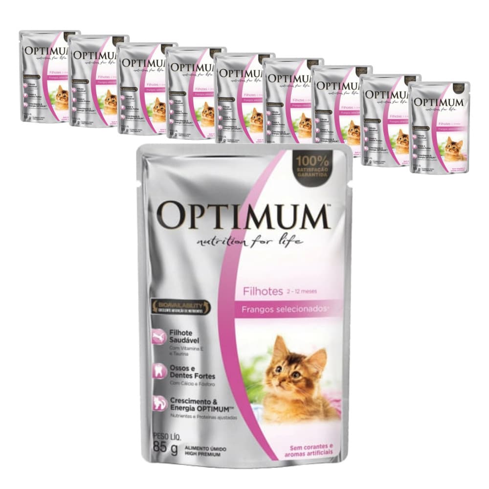 Ração Úmida Optimum Sachê para Gatos Filhotes sabor Frango 85g - KIT 10 unids.