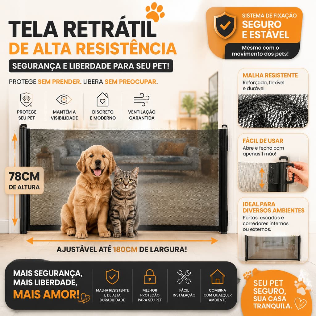 Tela Portão Barreira Retrátil Anti-pulo Separador Resistente Proteção Infantil e Pet para Corredores e Escadas em Casa