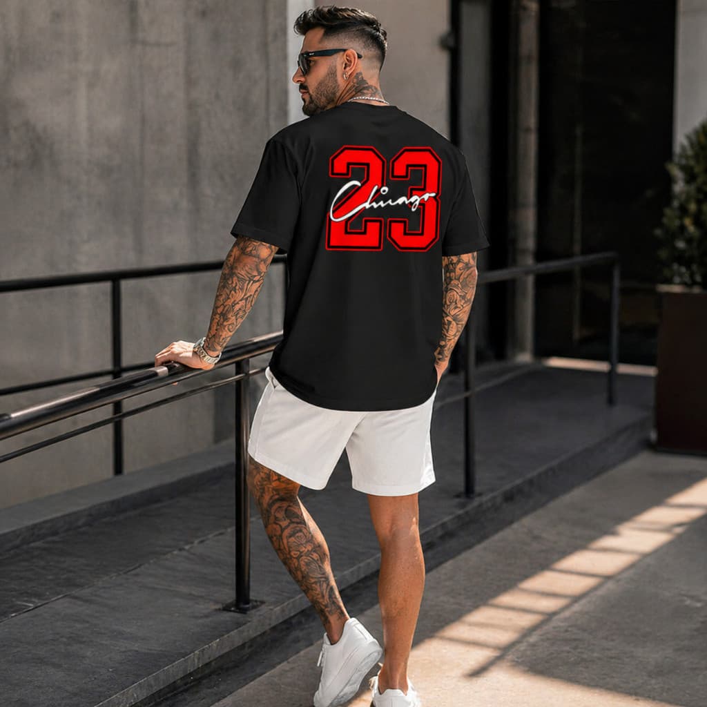 Kit Camiseta Oversized e Short Tactel Masculino Streetwear Chicago 23 Camisa Algodão Premium 26.1