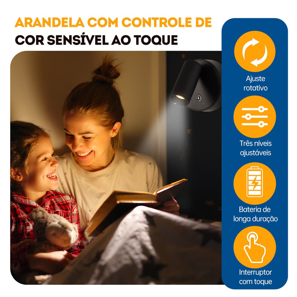 Luminária para Quarto Sem Fio Recarregável LED Arandela de Parede Abajur de Cabeceira