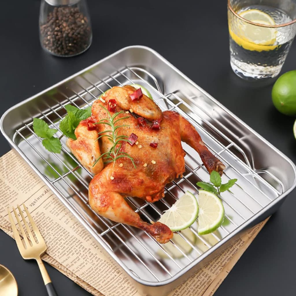 [Temponetics] Conjunto De Bandeja Para Assar Em Aço Inoxidável Com Grelha , Rack De Resfriamento Retangular , Ferramenta