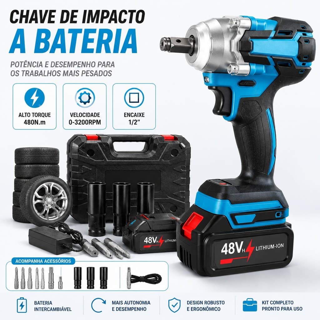 Chave de Impacto Elétrica Sem Fio  Motor Brushless 48V com 2 Baterias Recarregáveis, Portátil Reforçada para Mecâni