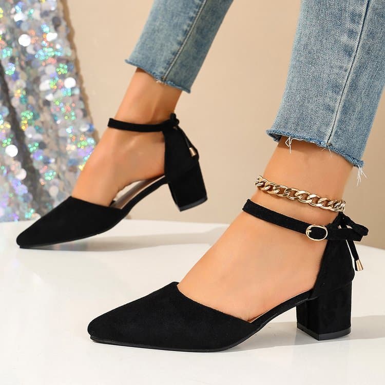 Sapatos de salto quadrado PU salto médio (3-5cm) dedo apontado de borracha para mulheres namoro Commuter All-Match sapat