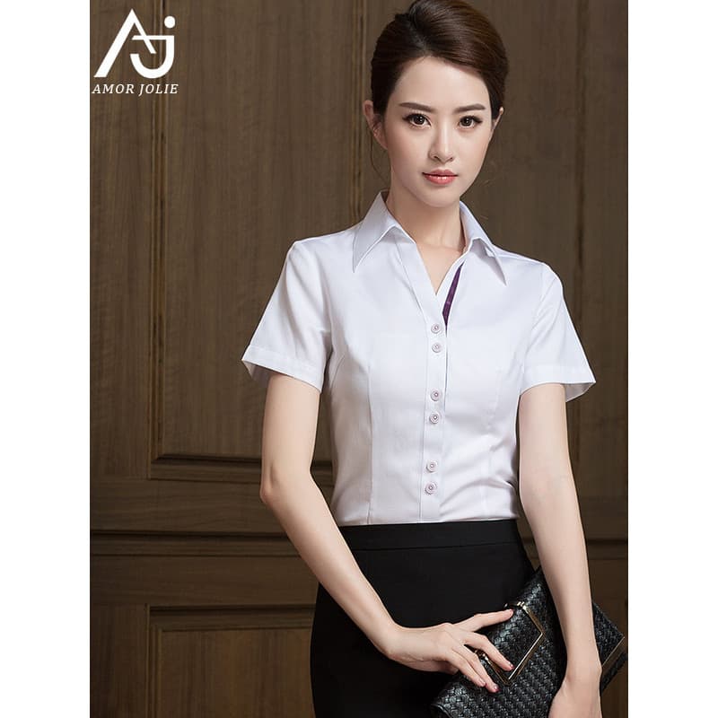 Camisa de uso profissional feminina de manga curta com decote em V camisa branca roupa Formal gola branca vendas de negó