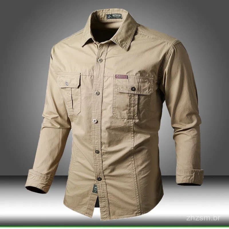Camisas Masculinas Casuais de Algodão de Manga Longa, Estilo Cargo para Trabalho e Negócios, Corte Slim