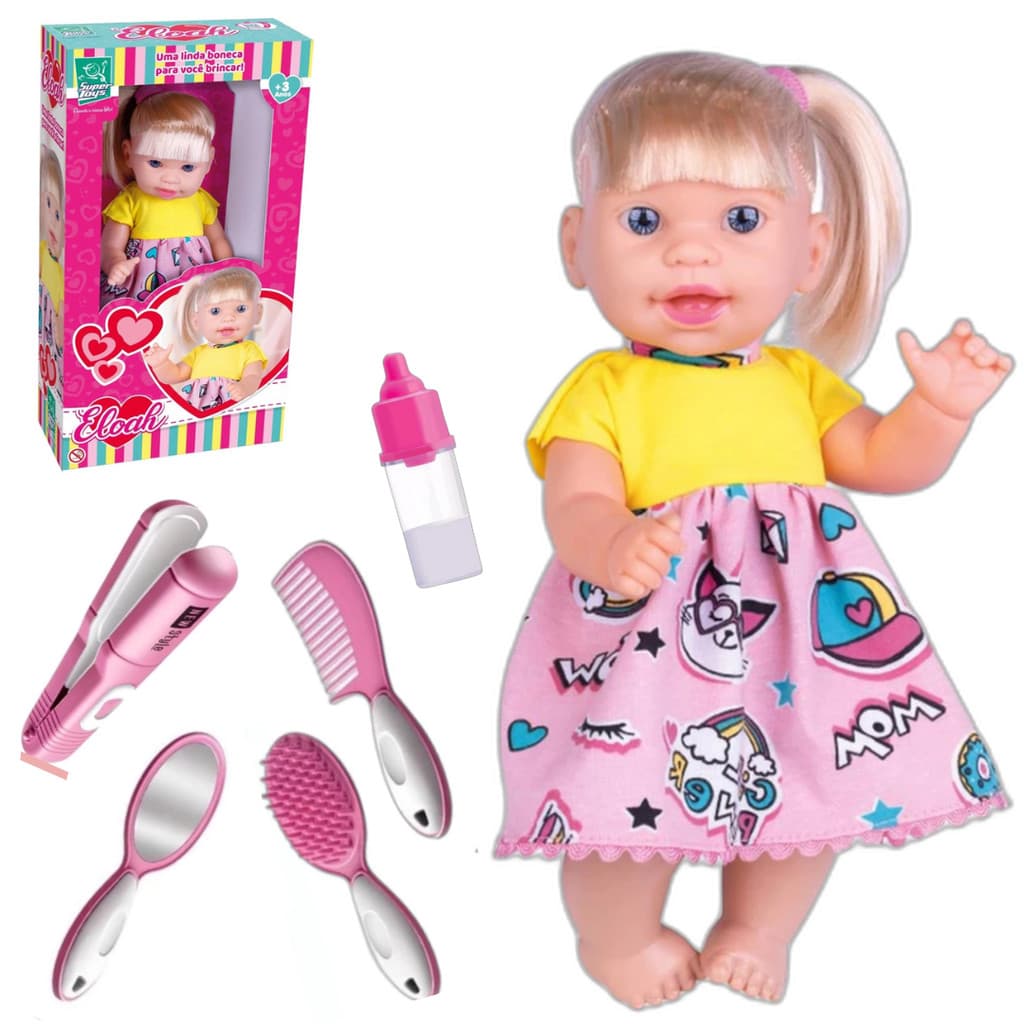 Boneca Bebê Eloah com Mamadeira e Acessórios de Cabelo Capinha Escova