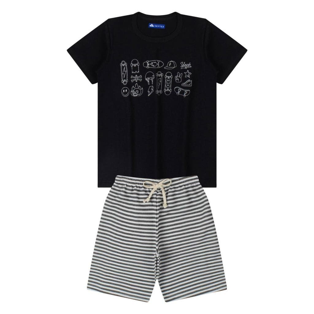 Conjunto Infantil Menino Camiseta com Bermuda Moletinho - Skate Icons Preto