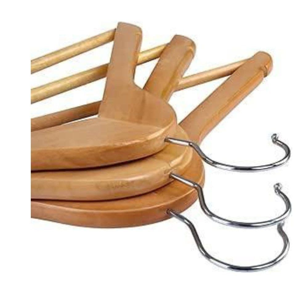 Kit 3 Cabides de Madeira Verniz – Gancho 360° | Anatômico c/ Recortes p/ Vestidos, Casacos e Camisas (45×22,5 cm)