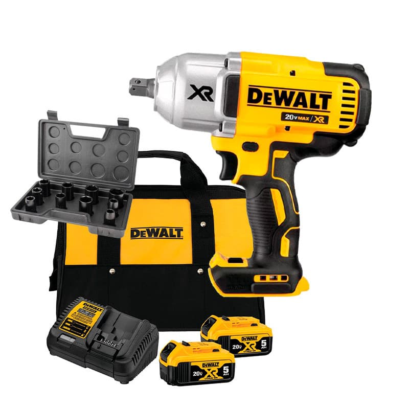 Chave de Impacto 12" a Bateria 20v Dewalt DCF899B-B3 + 2 Baterias 5Ah + Carregador Bivolt DCB205C2K-BR + Jogo Soquete