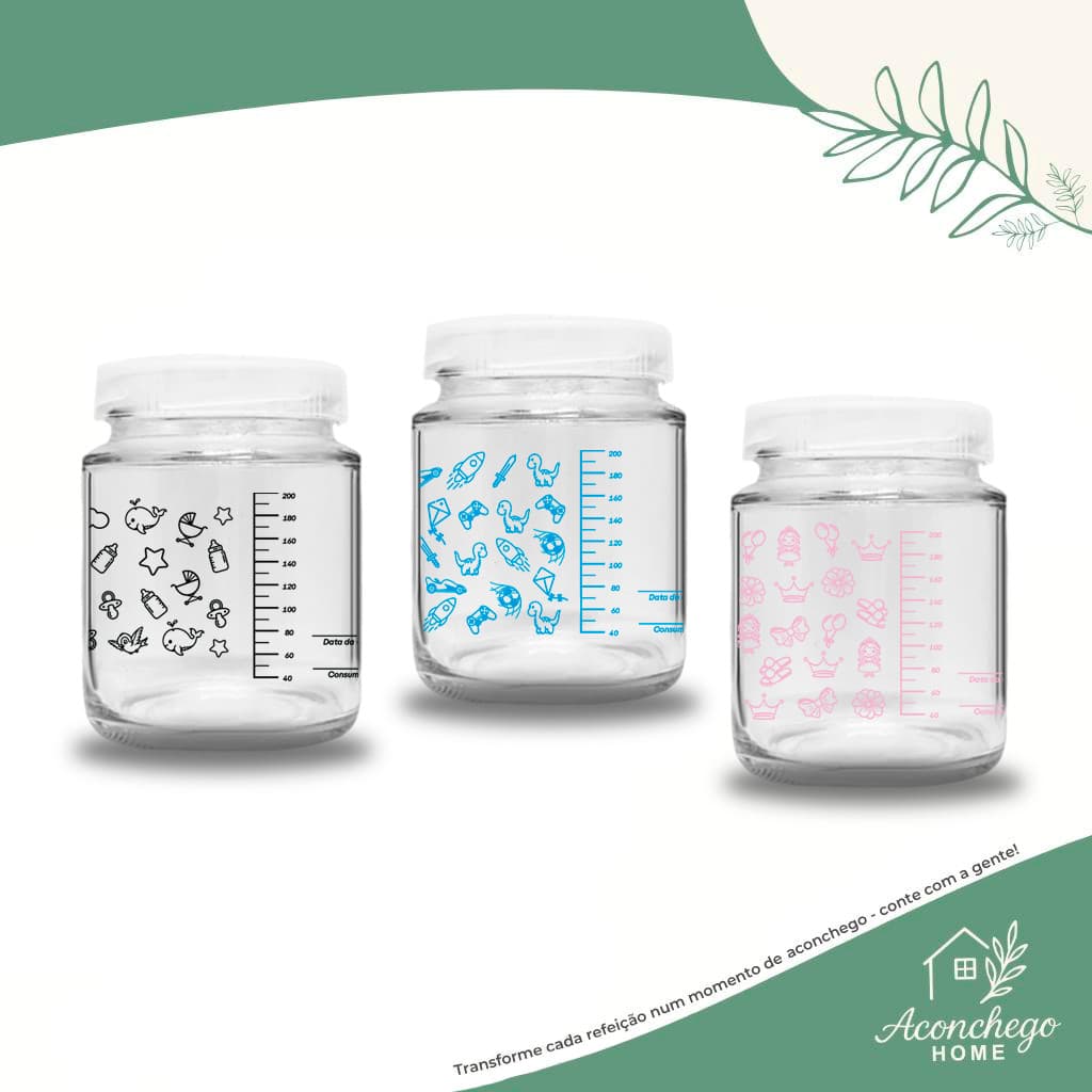 6 Potes de Vidro p Leite Materno 200ml – Livre  BPA c/Graduação - Essenciais p/Amamentação-Armazenar