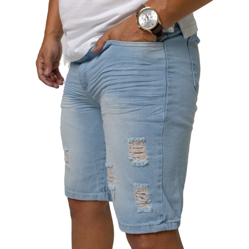Bermuda Masculina Jeans Azul Clara Rasgada Envio imediato - Short Jeans Masculino - Tendência