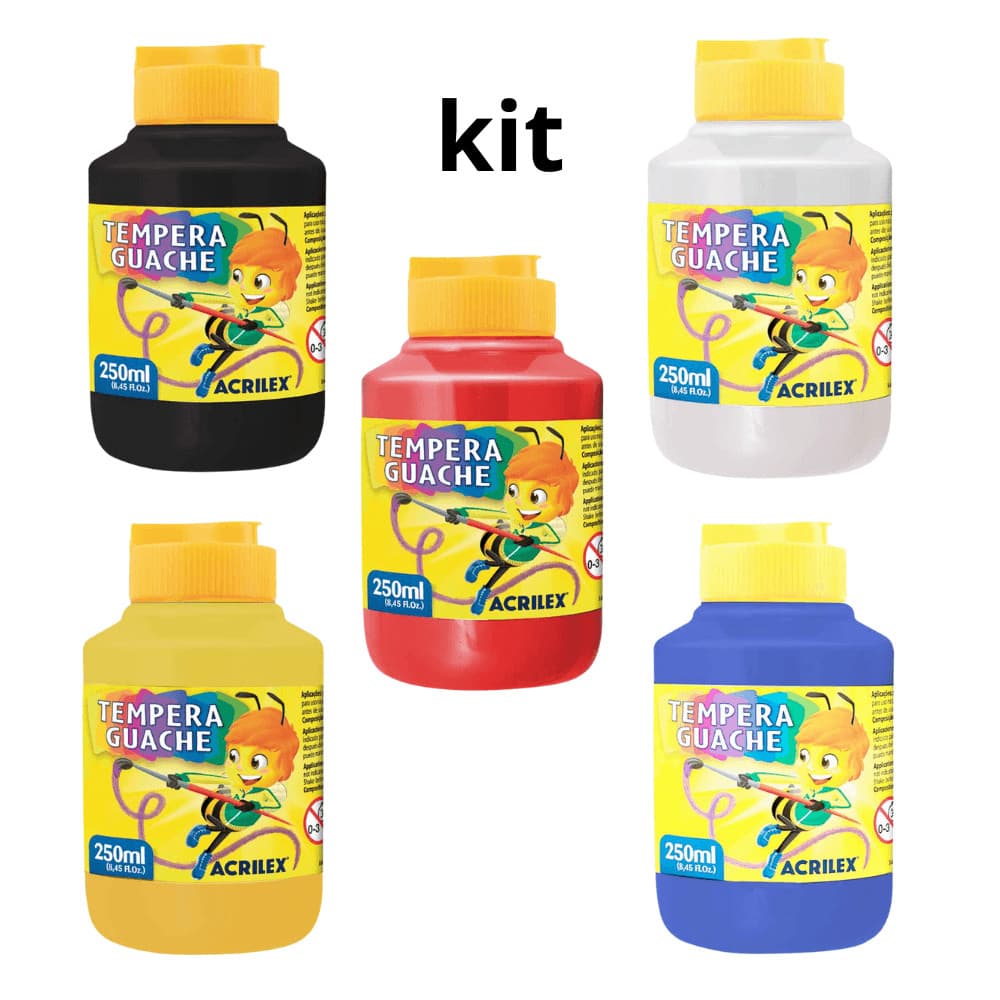 Kit Tinta Guache Acrilex 250ml Verm + Pret  + Azul + Bran + Amar