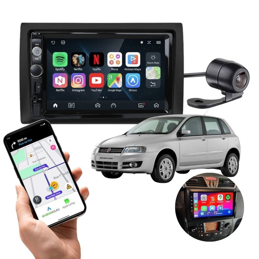 Central Multimidia 7" + Moldura 2 Din Fiat Stilo + Câmera
