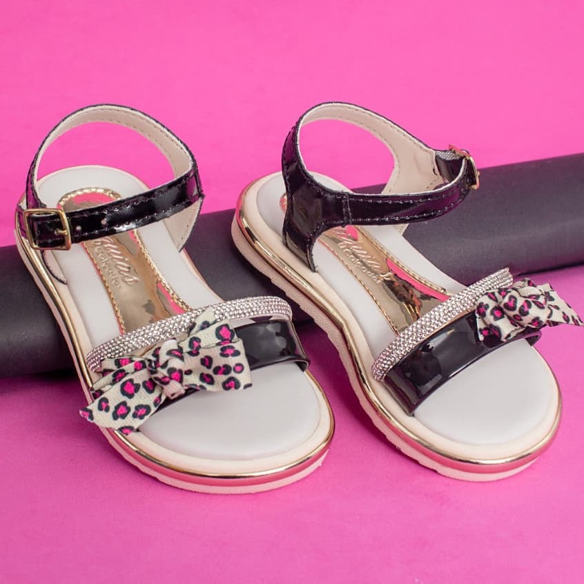 Sandália Menina Infantil Delicada Laço Onça Confortável Moda Brilho Strass Casual Festa Promoção