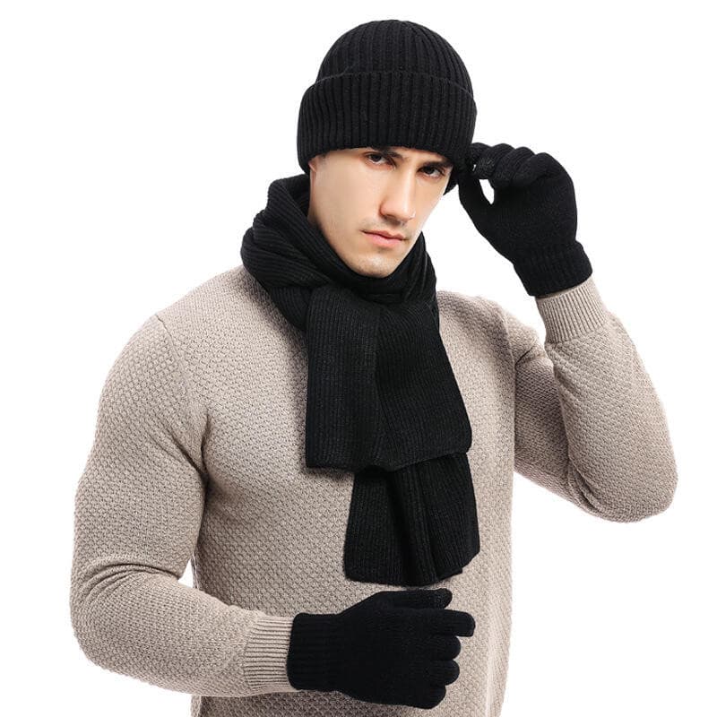 Conjunto de Inverno de Lã: Gorro de Tricô em Cores Contrastantes + Cachecol Espesso + Luvas - Conjunto de Três Peças