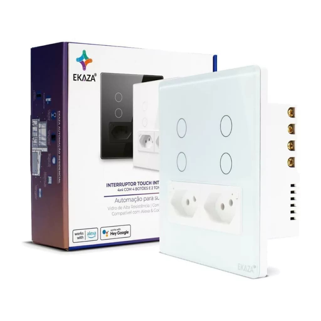 Interruptor Touch Inteligente 4 Botões Com Tomada Wi-Fi Ekaza Tuya Branco - 4x4