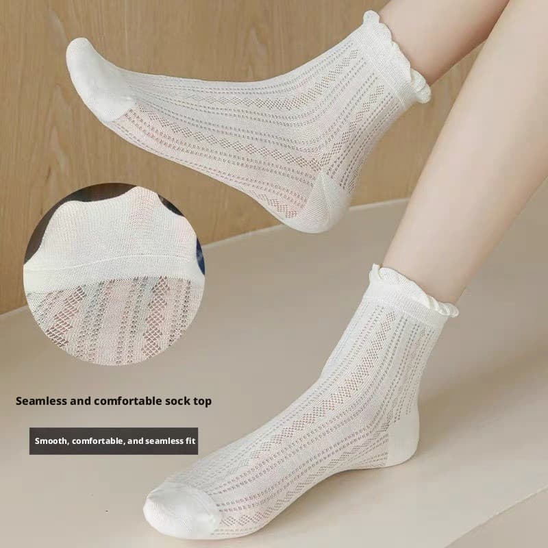 Meias de algodão com renda estilo japonês para mulheres, finas, sem costura, respiráveis, absorventes de suor, de cano