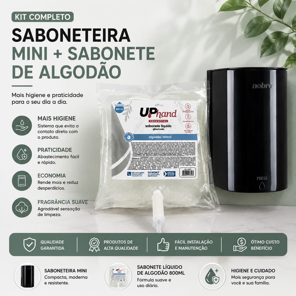 DISPENSER MINI PARA SABONETE LIQUIDO ÁLCOOL GEL 500ML + SABONETE GLICERINADO REFIL 800ML UPPRO ALGODÃO