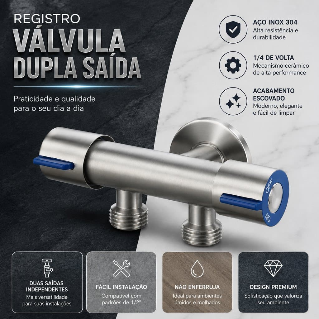 Registro Torneira Válvula Dupla Saída 1/2 para Banheiro Cozinha Área de Serviço