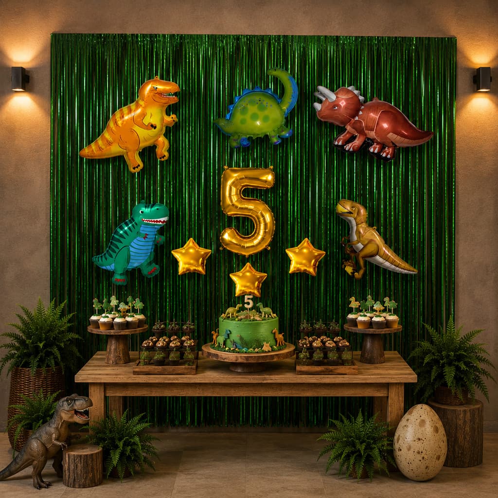 decoração infantil Dinossauro para Aniversário menino 5 Balões  2 Cortina Metalizada 1 numero