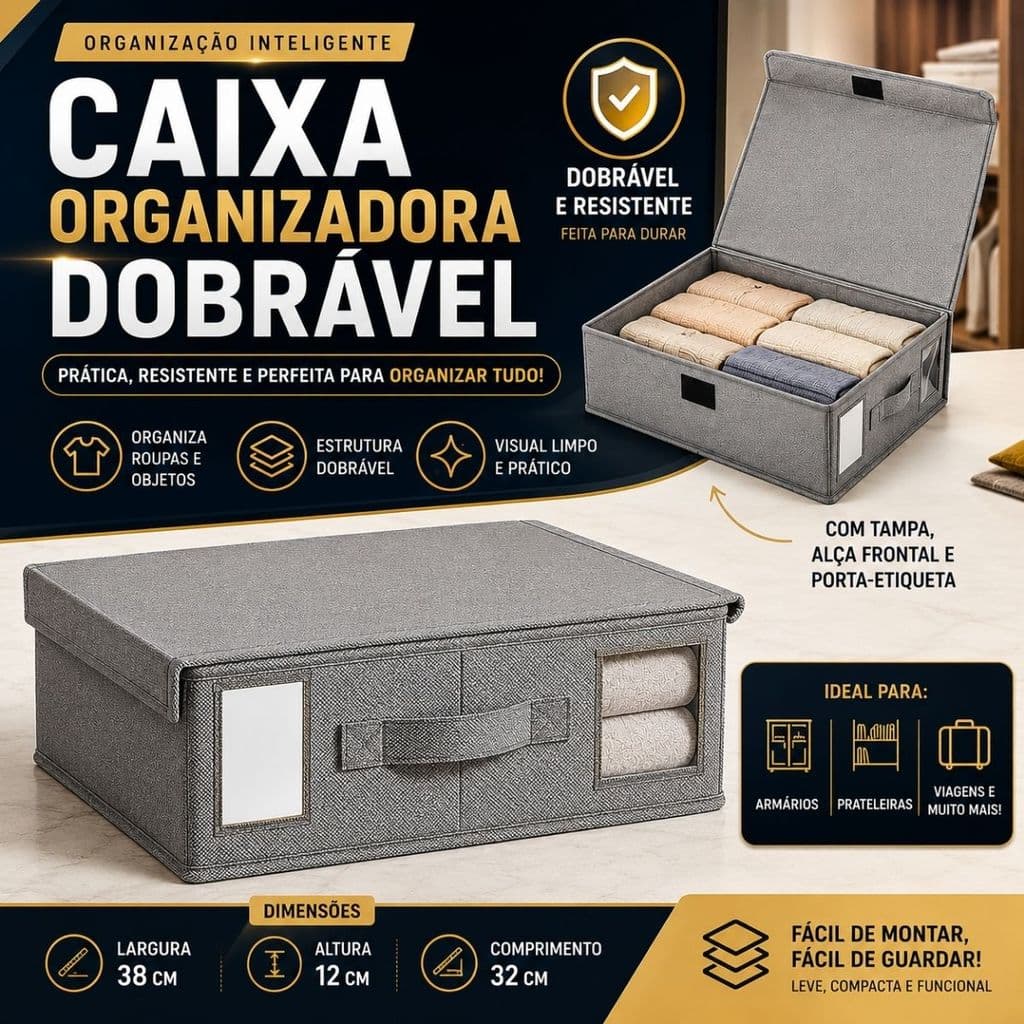 Caixa Organizadora Guarda Roupa Cesto Com Tampa Gaveta Dobrável Grande Cinza