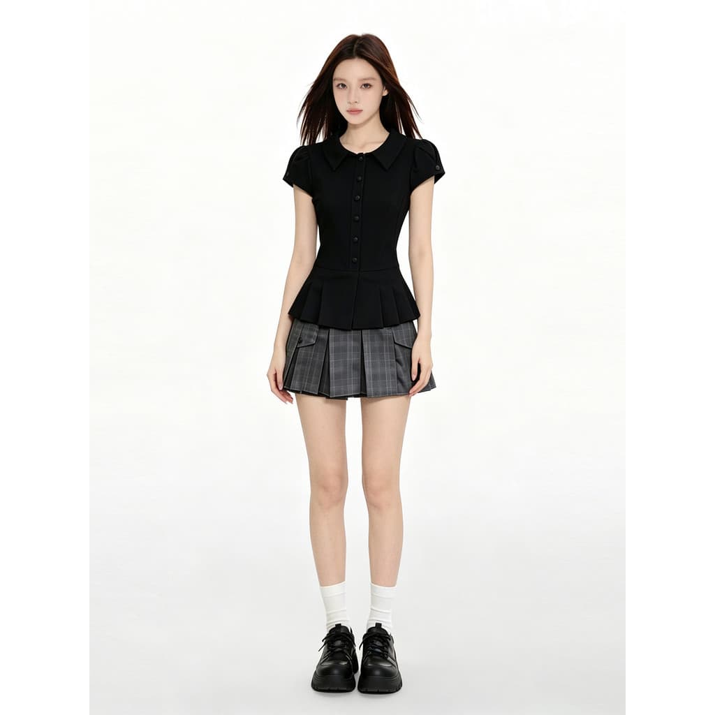 VERUMI Verão Estilo Coreano Desgaste Terno Feminino Preto Cintura Estreita Camisa de Manga Curta Top Xadrez Saia Plissad