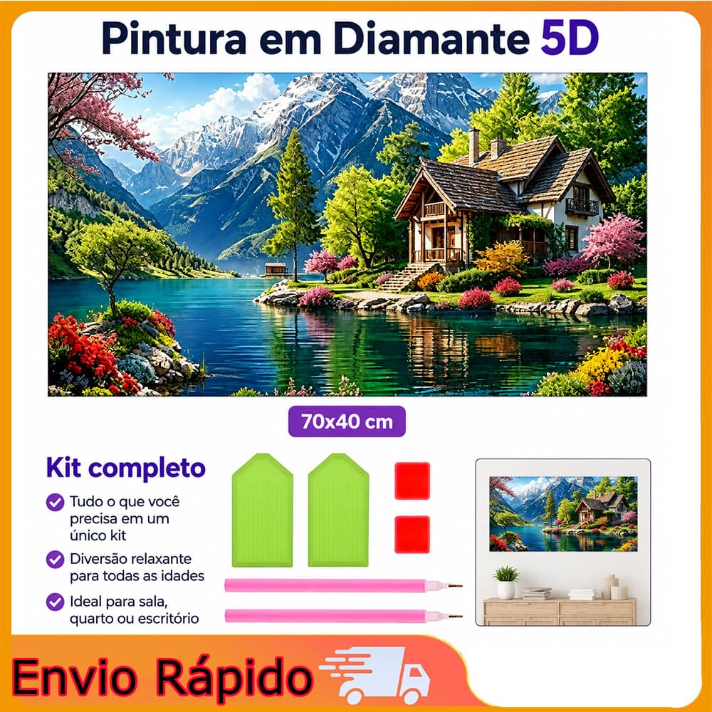 Conjunto de pintura diamante quadrado neve montanha lago cabine DIY pintura diamante-70x40cm
