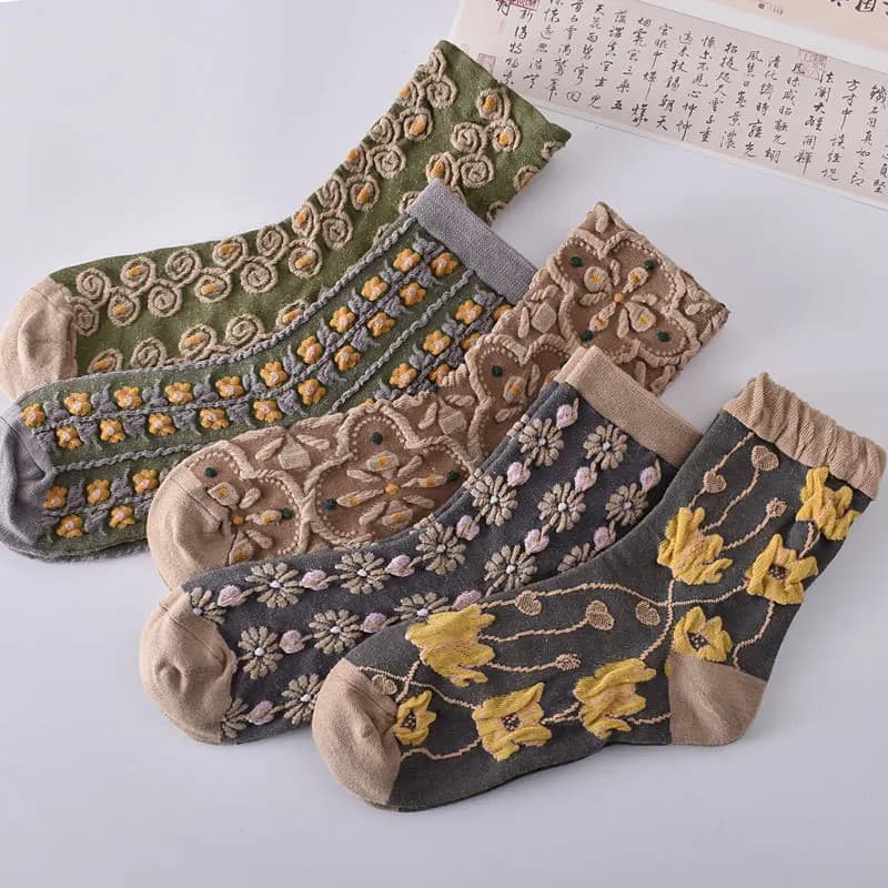 Meias Femininas Bordadas Flores Em Alto-Relevo Kit 5 Pares Vintage