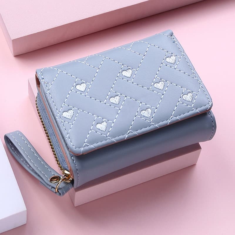 Carteira Feminina Moda Bordada Coração Moeda Bolsa Tri Fold Titular Do Cartão Multi Slot Para De Couro Plutônio Com Zípe