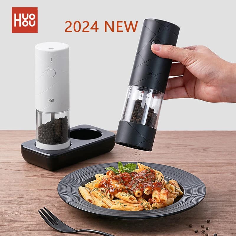 NOVO 2024 Moedor Elétrico Huohou para Pimenta, Temperos, Especiarias, Grãos, Moedor de Sal com Luz LED, 6 Modos, Ferrame