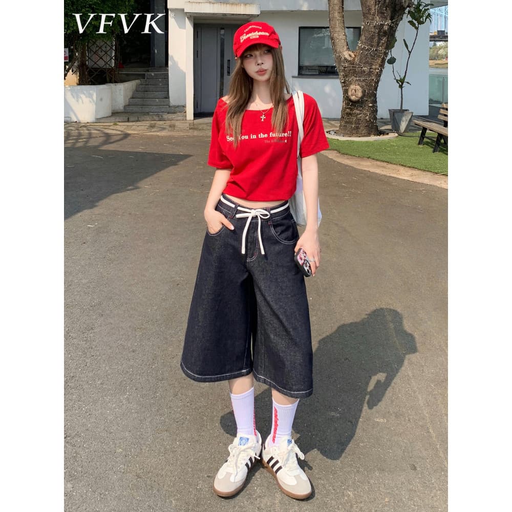 Vfvk unissex cor primária calças cortadas femininas pequeno verão novo estilo Retro perna larga cintura alta solta Jeans